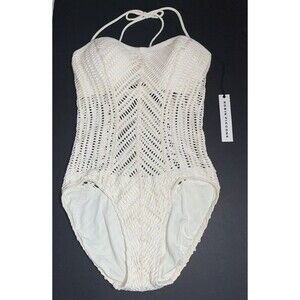 NWT Robin Piccone Size 8 Ivory Crochet Overlay One-Piece Swimsuit NEW